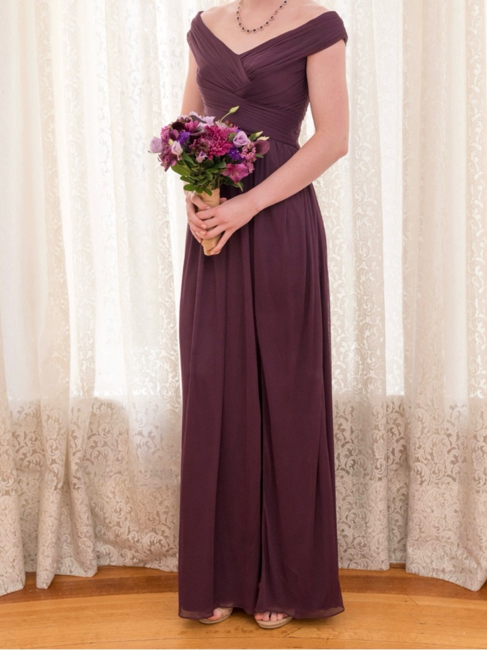 David's Bridal Plum Off-Shoulder Full Length Gown
